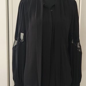 Express Black Long-Sleeve Blouse with Lace Sleeve Insets